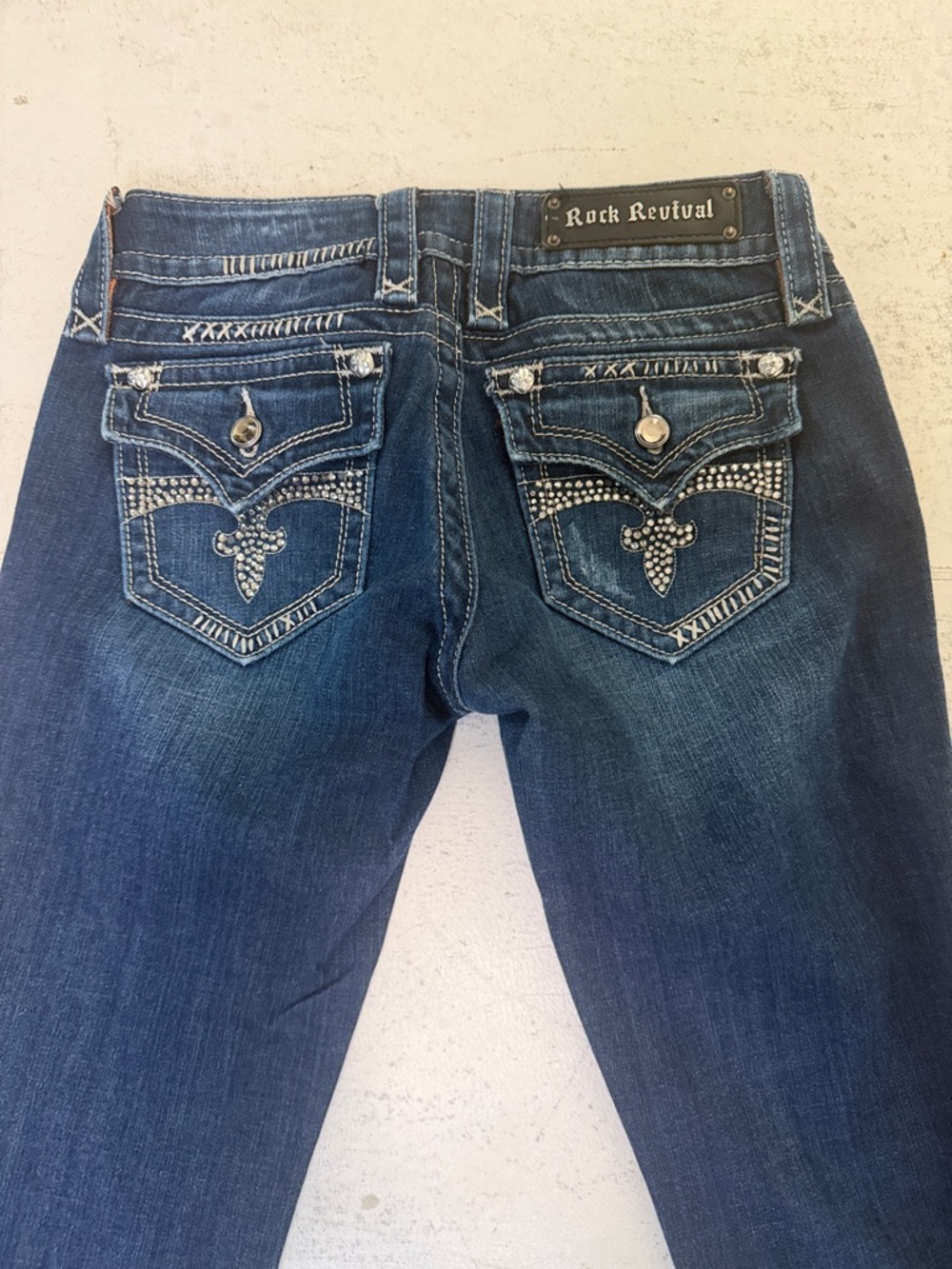 Rock Revival Women's Dark Blue Studded Pocket Bootcut Jeans - size 27